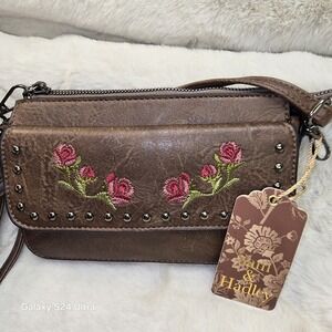 Sam & Hadley Brown Floral‎ Embroidered Studded Crossbody Bag NWT